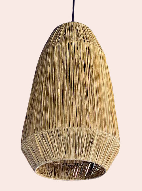Exotic pendant light woven from raffia in morrocan style