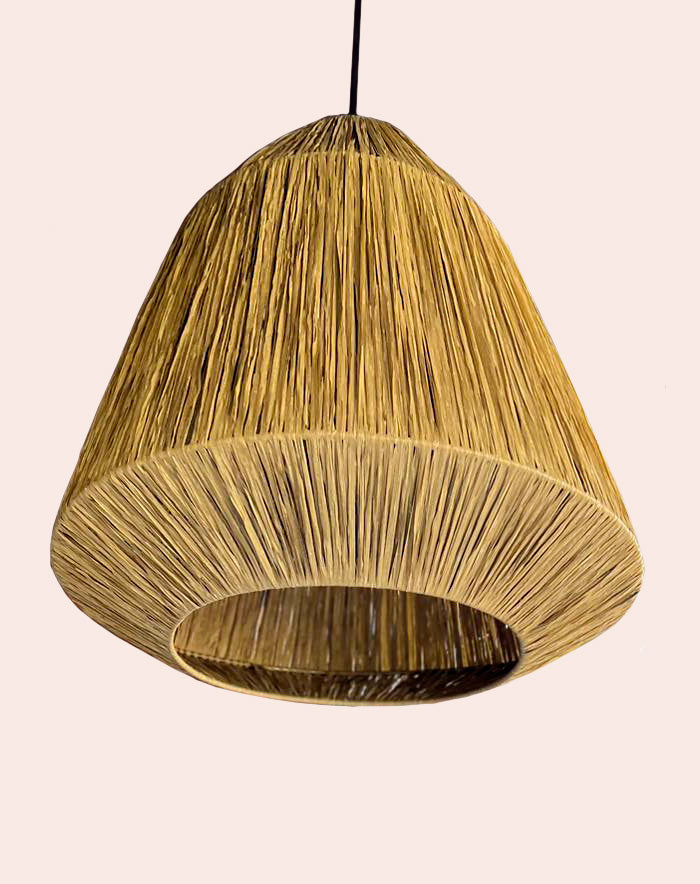 Exotic pendant light woven from raffia in morrocan style