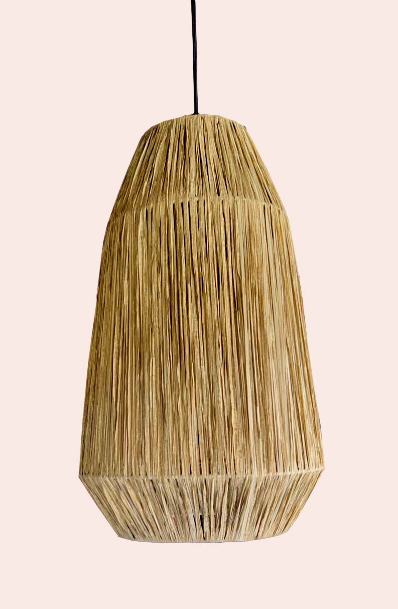 Exotic pendant light woven from raffia in morrocan style