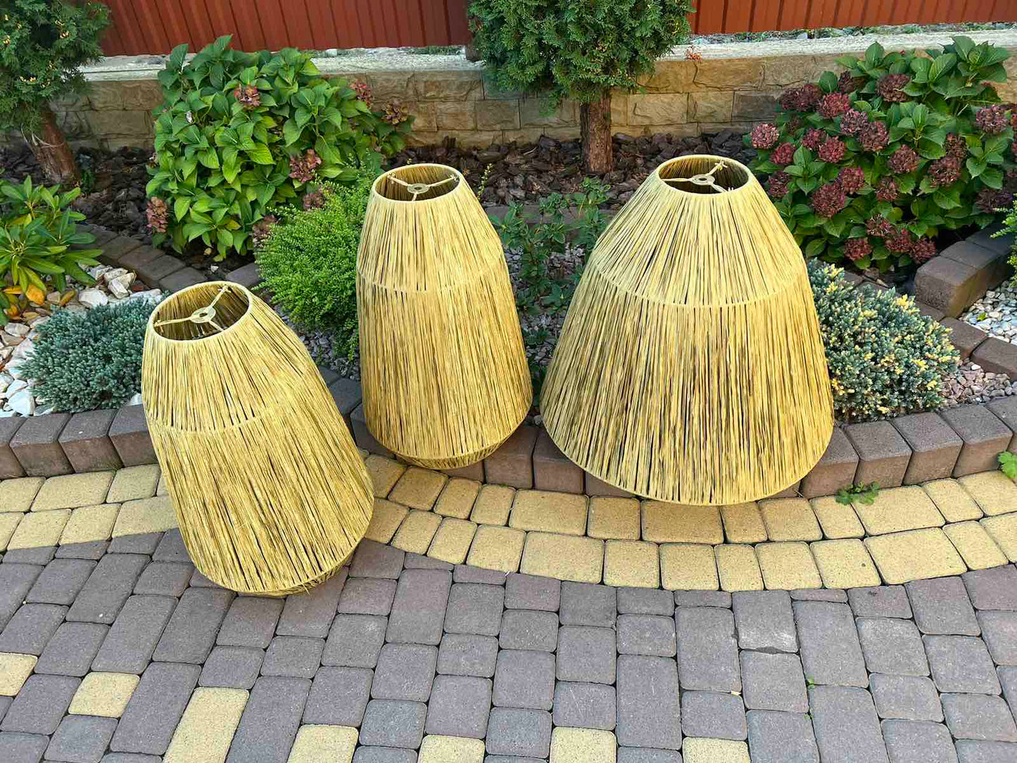 Exotic pendant light woven from raffia in morrocan style